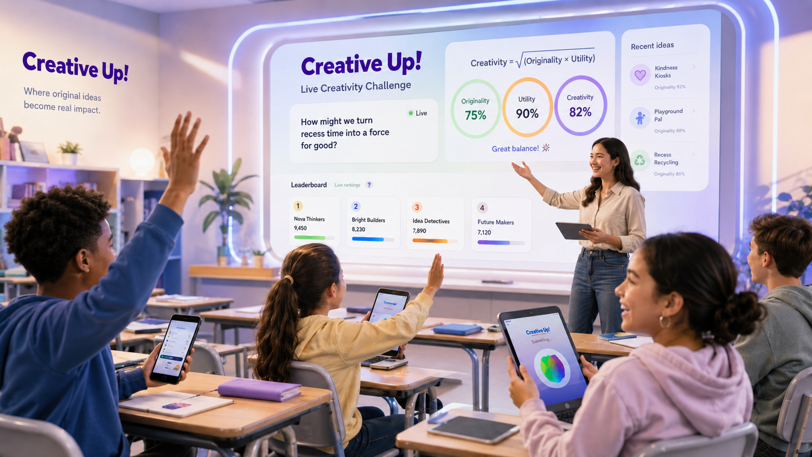 Classroom of students joining a live challenge on their tablets